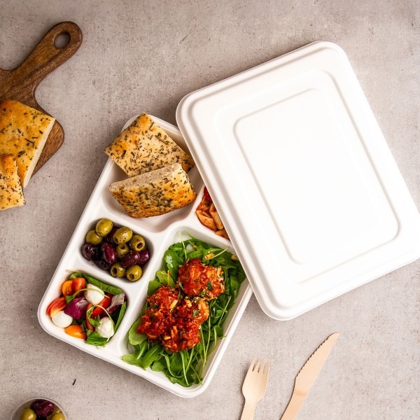 5 compartment bagasse meal tray with lid - Image 3